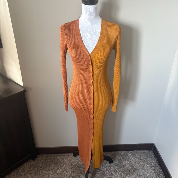 Staud Color Block Shoko Sweater Knit Dress / Cardigan Bronze Ochre Multi Medium - Picture 2 of 7